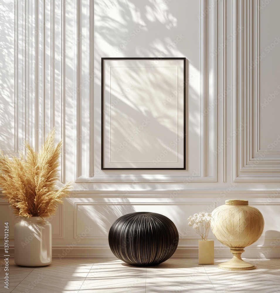 Poster close-up view of a vertical black frame mockup mounted on a wall, created using 3d rendering