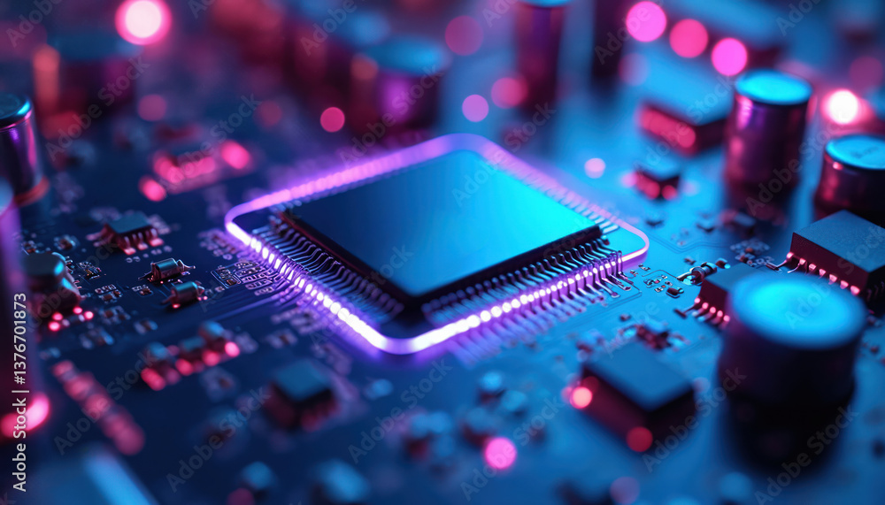 Poster Futuristic microchip with glowing blue purple neon lights. Computer circuit board, processors and data processing. Tech innovation concept for data storage or artificial intelligence.