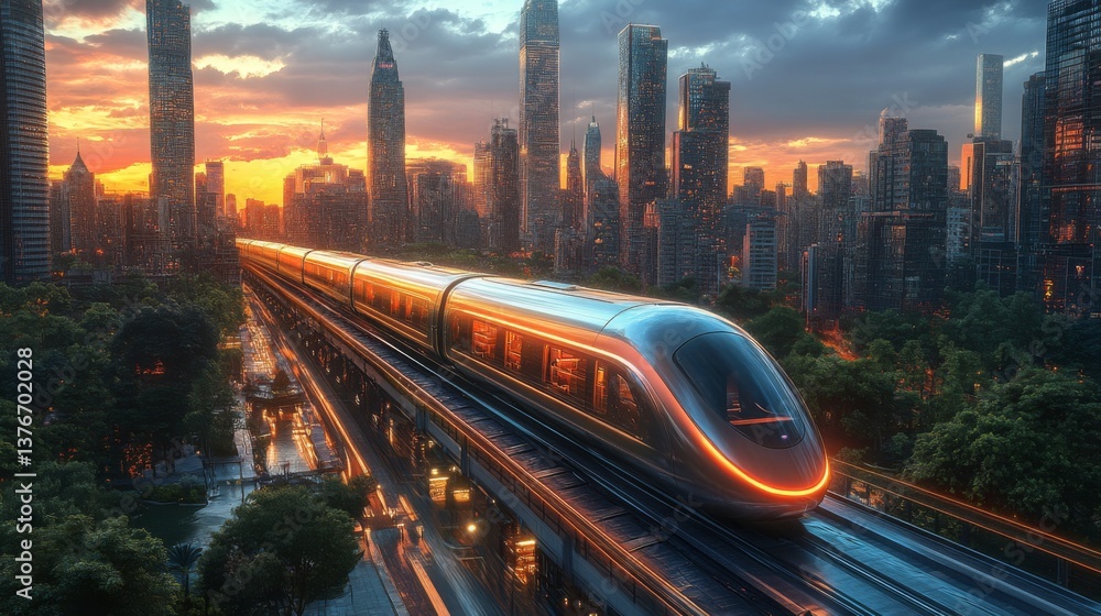 Poster a futuristic smarttrain moves smoothly along elevated tracks in a vibrant city, illuminated by the w