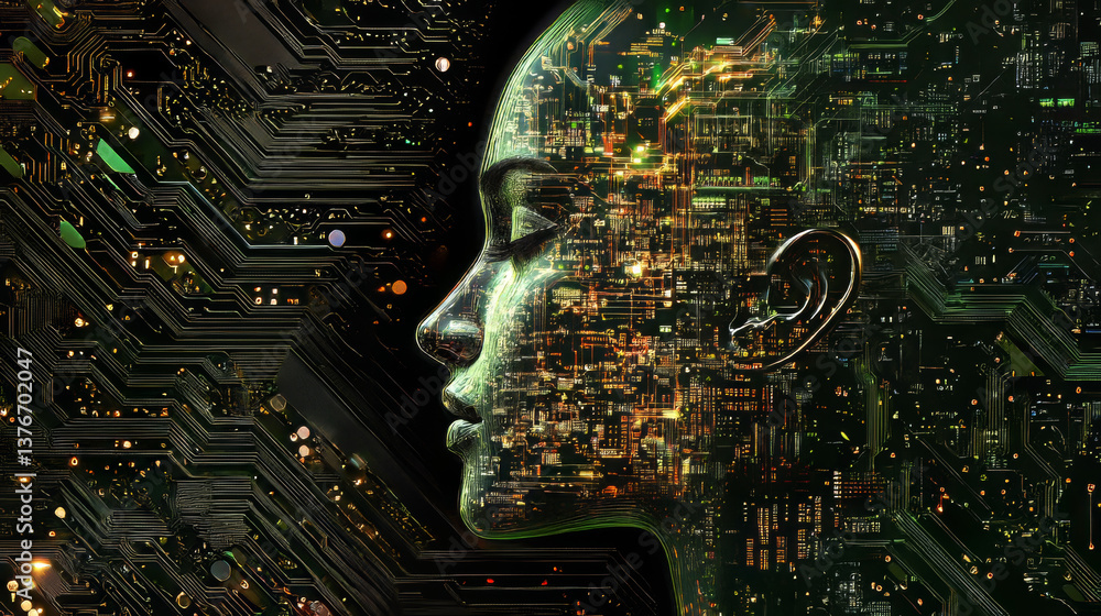 Poster robot, chat bot, android and digital evolution of robotics. future processor development technologie