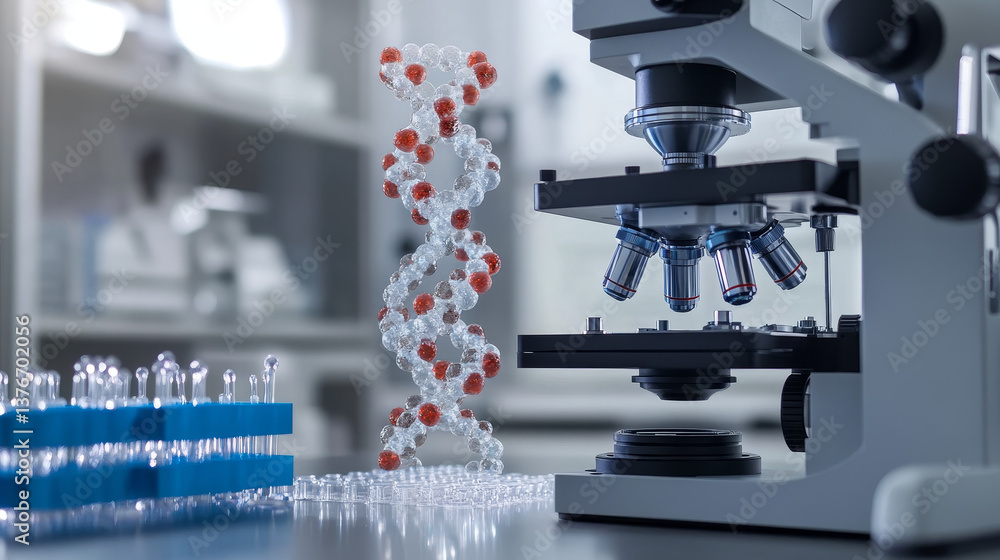 Poster dna genome decoding innovative design concept. deep macro fantasy of a digital microscope. laborator