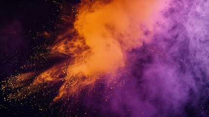 Stunning Orange and Purple Powder Explosion on a Black Background, Capturing a Dynamic Burst of Colorful Dust in the Air