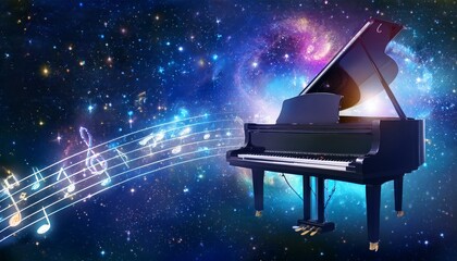 Piano is ready to play and waves of color fill space, its form against radiant glow that surrounds it. Symphony of light and sound. Concept of classical and modern music, entertainment, jazz. Ad. High