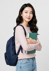 beautiful young woman asian a student holding books with a bag standing up right white background