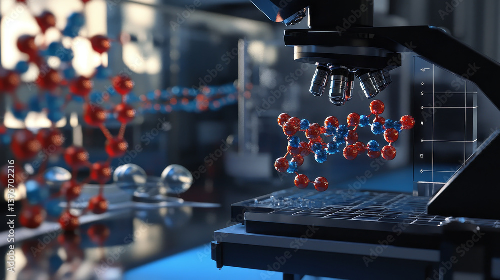 Poster dna genome decoding innovative design concept. deep macro fantasy of a digital microscope. laborator