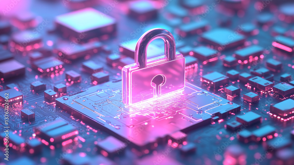 Poster secured network 3d illustration. protection of private data. hexagonal clusters of quantum architect
