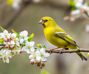 Little bird perching on the branch of blossom apple tree. European greenfinch, with space for copying