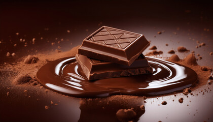 Delicious Melted Chocolate with Gourmet Dark Chocolate Bars and Cocoa Powder. Sweet dessert.