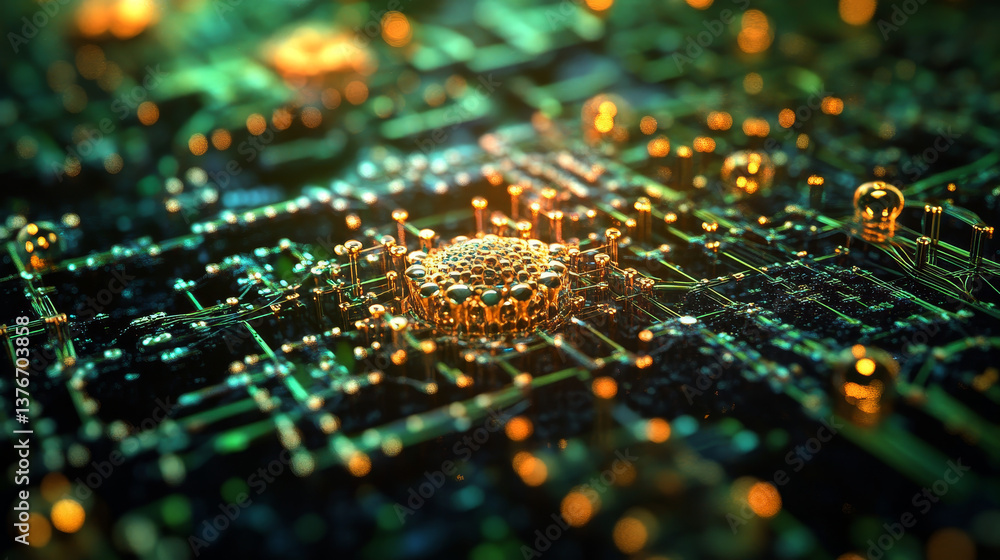 Poster atom, structure and research. artificial intelligence and scientific discoveries. 3d illustration of
