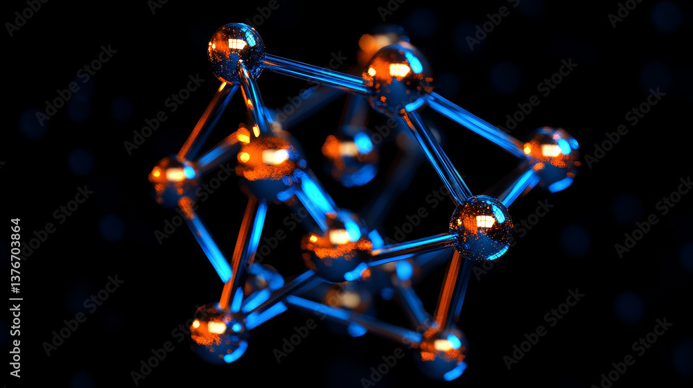 Poster atom, structure and research. artificial intelligence and scientific discoveries. 3d illustration of