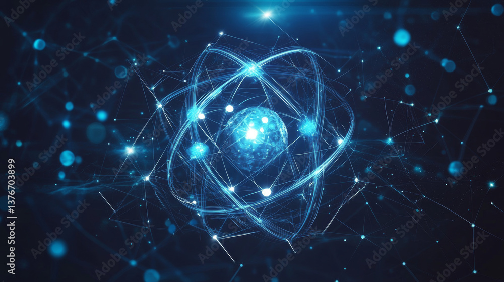 Poster atom, structure and research. artificial intelligence and scientific discoveries. 3d illustration of