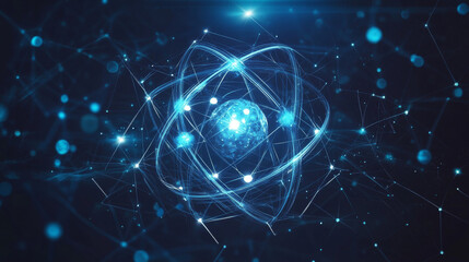 Obraz premium Atom, structure and research. Artificial intelligence and scientific discoveries. 3D illustration of a nanostructured core. Digitalization of science. Physics and hi-tech