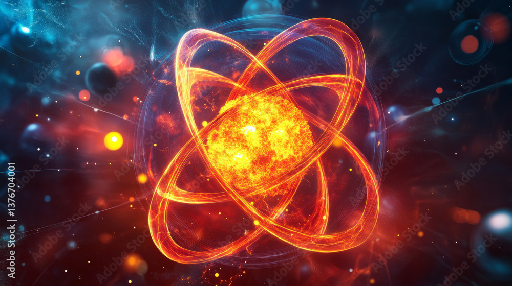 Poster atom, structure and research. artificial intelligence and scientific discoveries. 3d illustration of