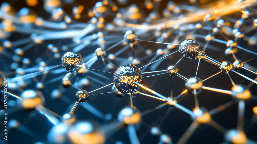 Poster atom, structure and research. artificial intelligence and scientific discoveries. 3d illustration of
