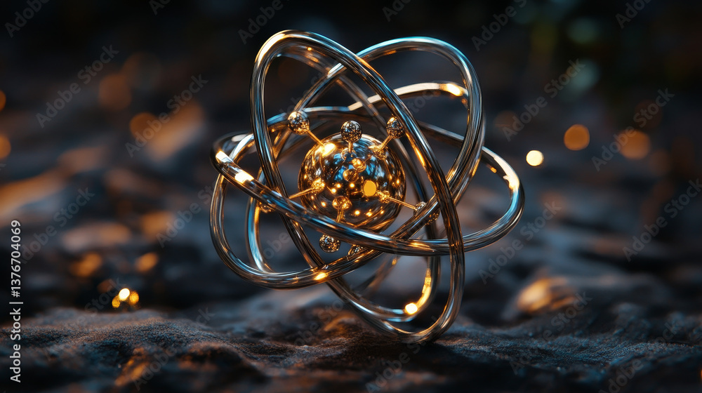 Poster atom, structure and research. artificial intelligence and scientific discoveries. 3d illustration of