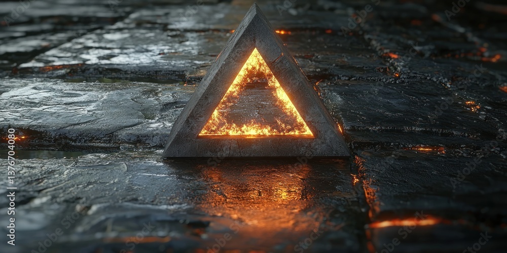 Poster glowing triangle embedded in dark stone pavement. intense fire within. reflective surface