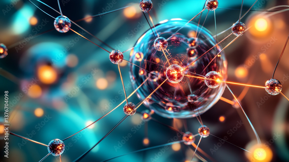 Poster atom, structure and research. artificial intelligence and scientific discoveries. 3d illustration of