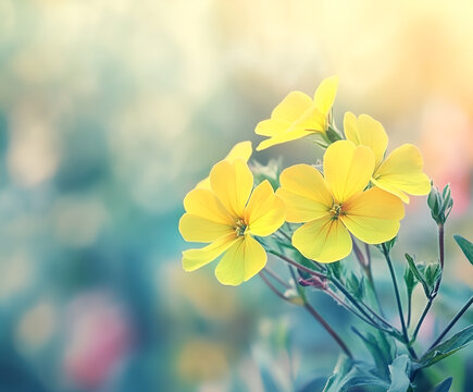 Yellow summer flowers in a garden. Evening Primrose, Oenothera