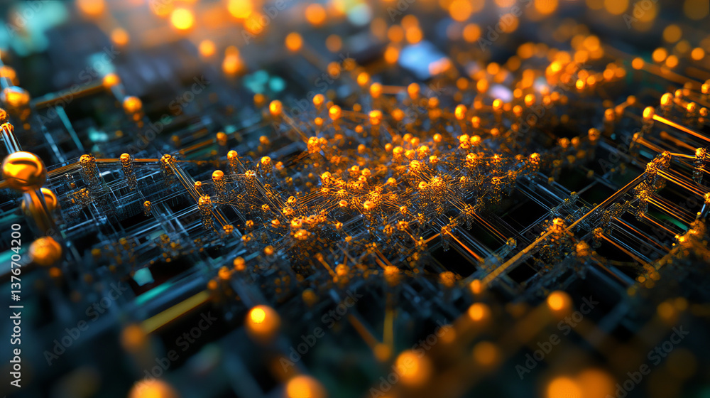 Poster atom, structure and research. artificial intelligence and scientific discoveries. 3d illustration of