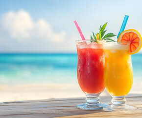 Tropical cocktails stand on the beach. In the background is a defocused view of the sea