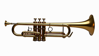 Obraz premium Isolated polished brass trumpet on white background. Shiny gold musical instrument, jazz, classical music. Wind instrument, orchestra element, musical performance. Studio shot with detailed metal