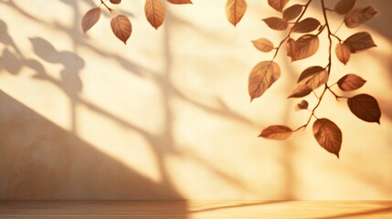 Autumn Leaves Shadow Overlay Beige Wall Background Wooden Floor Sunlight Mockup Product Presentation Minimalist Aesthetic Fall Season Design Template 