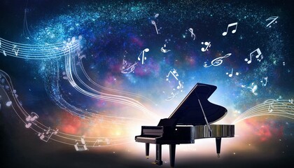 Piano is ready to play and waves of color fill space, its form against radiant glow that surrounds it. Symphony of light and sound. Concept of classical and modern music, entertainment, jazz. Ad. High