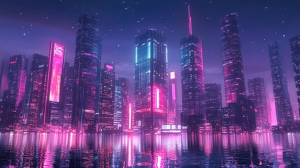 Fototapeta premium Futuristic cyberpunk metropolis reflects in tranquil waters under a starlit sky