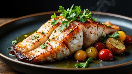 a whole red snapper, beautifully plated on a rustic, dark ceramic dish that enhances the vibrant colors of the fish. 