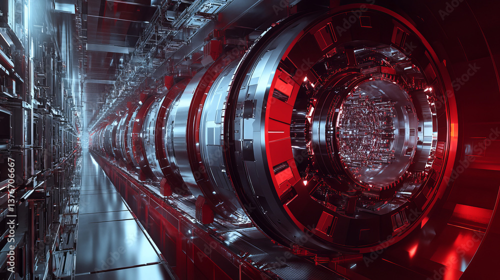 Poster atomic reactor. experiments with the hadron collider. investigation of the structure of an atom. 3d 