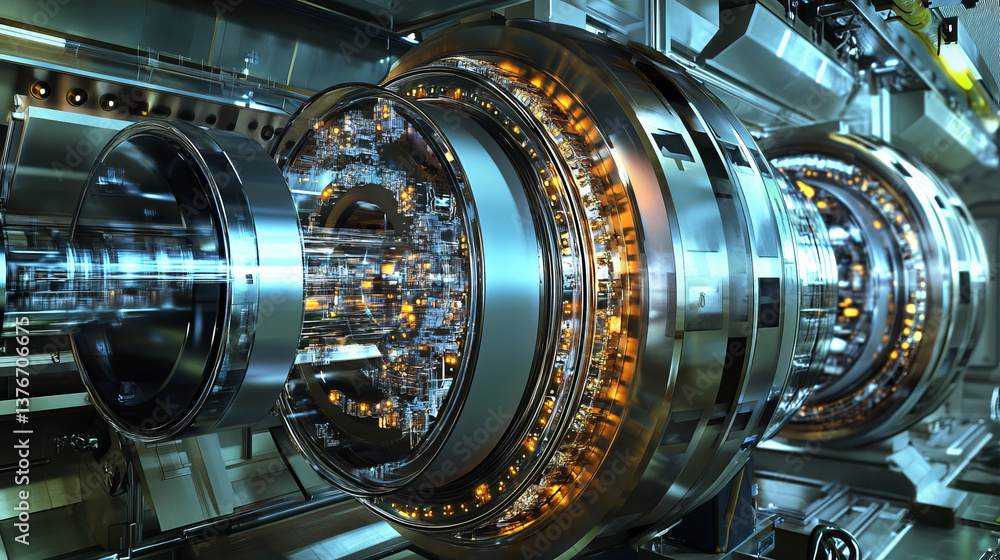 Poster atomic reactor. experiments with the hadron collider. investigation of the structure of an atom. 3d 