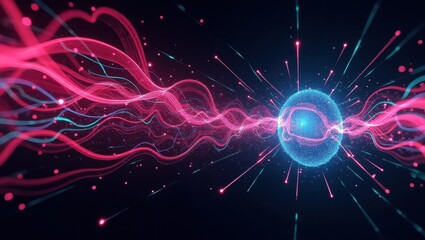 A cosmic dance of energy and particles in a vibrant, abstract space.