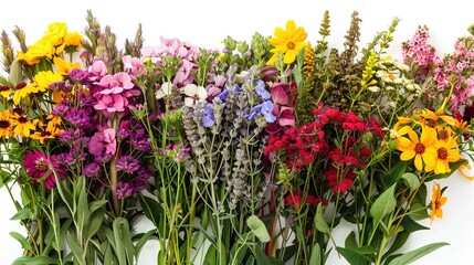 Panoramic Shot of a Beautiful Bunch of Diverse Wildflowers on a White Background, Highlighting the Natural Beauty with Ample Copy Space for Customization