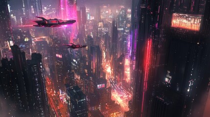 Obraz premium Futuristic cyberpunk metropolis panorama showcasing flying vehicles and neon glow