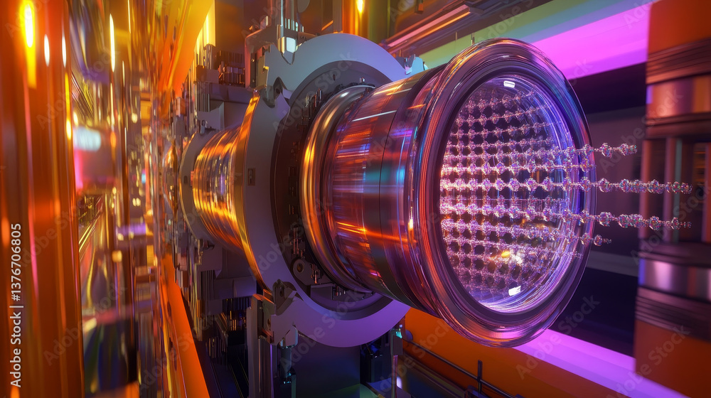 Poster atomic reactor. experiments with the hadron collider. investigation of the structure of an atom. 3d 