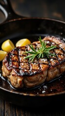 a sizzling skillet steak, perfectly seared to a deep brown crust with a tender, juicy center. 