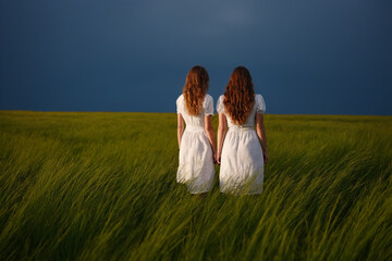 Mysterious Twin Sisters Walking Through a Field Under a Dark Sky