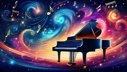 Piano is ready to play and waves of color fill space, its form against radiant glow that surrounds it. Symphony of light and sound. Concept of classical and modern music, entertainment, jazz. Ad. High