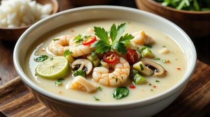 Tom Kha soup, served in a traditional white bowl with a smooth, creamy coconut milk base, lightly simmering with aromatic herbs and spices. 
