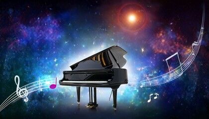 Piano is ready to play and waves of color fill space, its form against radiant glow that surrounds it. Symphony of light and sound. Concept of classical and modern music, entertainment, jazz. Ad. High