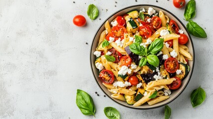 Colorful penne pasta salad with cherry tomatoes, zucchini, and feta cheese garnished with fresh basil