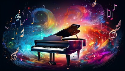 Piano is ready to play and waves of color fill space, its form against radiant glow that surrounds it. Symphony of light and sound. Concept of classical and modern music, entertainment, jazz. Ad. High