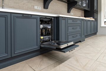 Integrated dishwasher with open door in blue kitchen cabinet