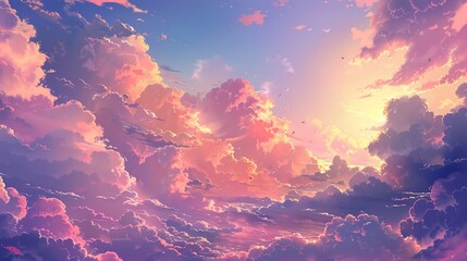 Panoramic View of a Stunning Sunset Sky Filled with Clouds, Bathed in Warm Tones, Creating a Beautiful and Serene Atmosphere