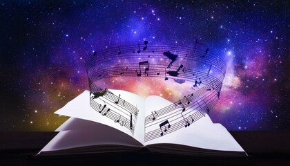 sheet with notes is ready for play and waves of color fill space, its form against radiant glow that surrounds it. Symphony of light and sound. Concept of classical and modern music, entertainment