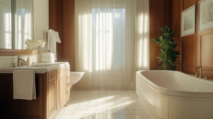A modern, bright white and light-brown bathroom with a wooden panel wall, a large bathtub