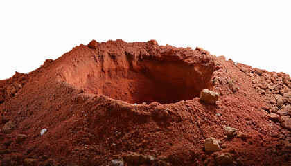 small hole in red soil on isolated background for excavation geological study terrain erosion and underground access concept