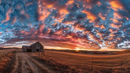 Panoramic View of a Stunning Sunset Sky Filled with Clouds, Bathed in Warm Tones, Creating a Beautiful and Serene Atmosphere
