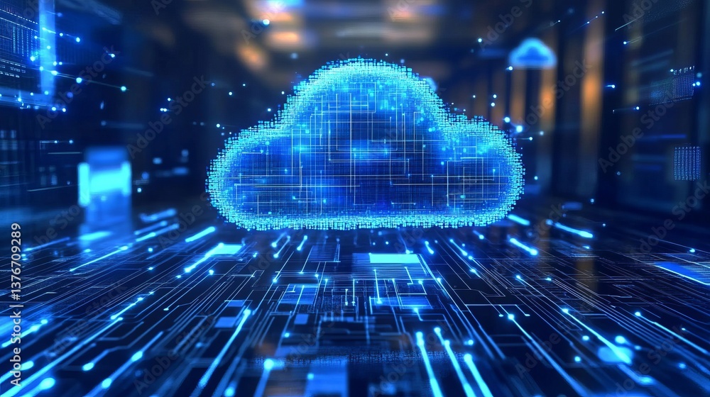 Poster abstract digital cloud computing network technology data center server blue lines futuristic backgro