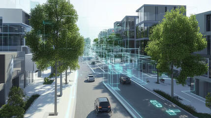 Futuristic world. Digital technology in global cyberspace. Blockchain network and artificial intelligence. 3D illustration of urban space in a new smart reality